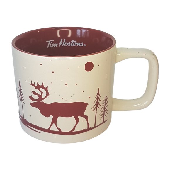 Tim Hortons 2019 Oversize Mug Teacup Elk Moose Deer Trees Winter Cream Red - Picture 1 of 12